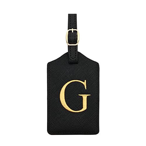 Black Leather Luggage Tag Loop Buckle Strap Gold Buckle