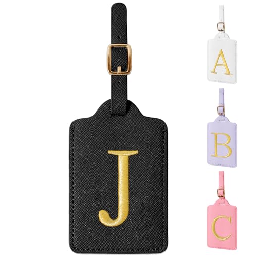 Black Leather Luggage Tag Loop Buckle Strap Gold Buckle