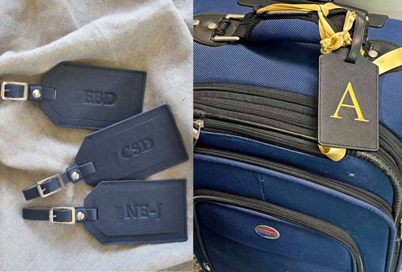 Black Leather Luggage Tag Loop Buckle Strap Gold Buckle